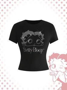 Betty Boop | ROMWE Y2K Rhinestone Portrait Graphic Fitted Round Neck Short Sleeve T-Shirt - Black - View 2
