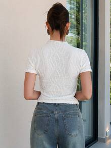 Bris Aura Spring, Elegant, Casual Women's Knitted Texture Wrinkle Versatile Apricot Short Sleeved T-Shirt Summer - Apricot - View 2