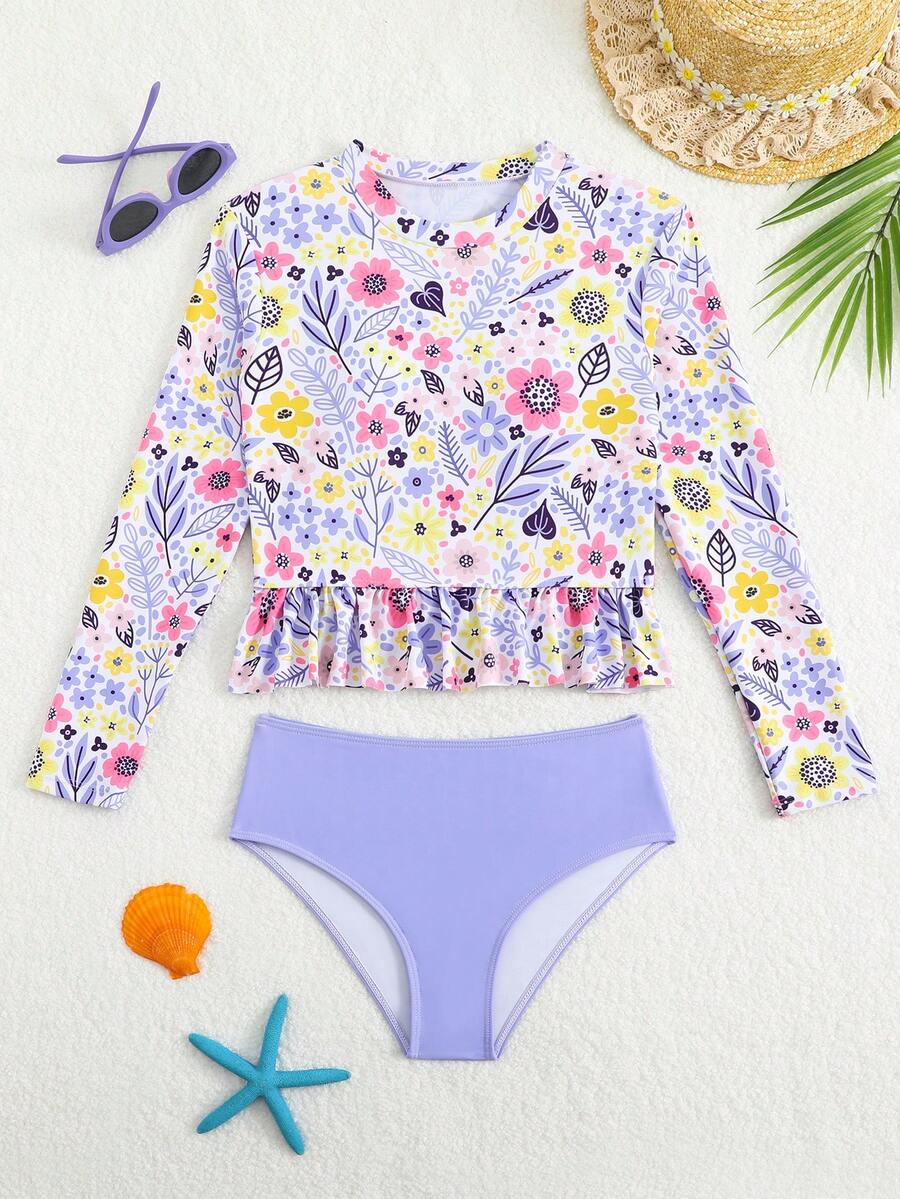 SHEIN Bộ bikini in họa tiết dễ thương cho bé gái tuổi teen, áo hai dây và quần bơi, bộ đồ bơi dài tay in ngẫu nhiên cho bé gái, đồ bơi dài tay chống nắng cho bé gái, bộ đồ bơi 2 mảnh dài tay cho bé gái tuổi teen, bộ đồ bơi hai mảnh dài tay chống nắng cho bé gái, bộ đồ bơi dài tay in hoa cho bé gái, bộ đồ bơi dài tay cho bé gái, bộ đồ bơi 2 mảnh chống nắng cho bé gái. - Màu tím - Xem 1