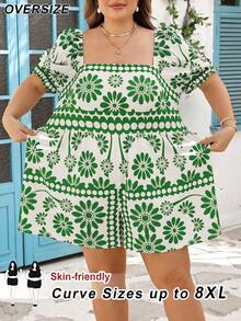 SHEIN CURVE+ Curve 尺码 US22 音乐节、海滨度假、波西米亚风女士复古蓝白碎花方领泡泡袖腰带阔腿连体裤，假日蓝白碎花连体裤 - 薄荷綠 - 查看 9