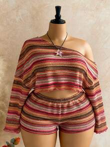 SHEIN CURVE+ Holiday 2pcs Women Striped Asymmetrical Shoulder Long Sleeve Top And Shorts Set - Multicolor - View 5