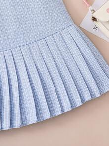 SHEIN Elladie kids Đầm bé gái in nơ, vải nhung, nơ và hoa 3D trang trí, chân váy xếp ly, quần áo trẻ em dễ thương phù hợp cho mặc hàng ngày, sinh nhật, tiệc tùng và các dịp khác. - Màu xanh lam - Xem 6
