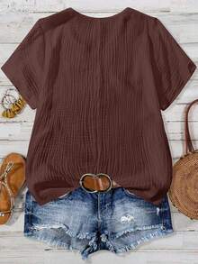 Linhara Camisa de manga corta sencilla y lisa de talla grande - Café integral - Ver 2