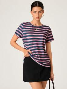 SHEIN BASICS 女款圓領短袖休閒基礎夏季T恤，適合女性高爾夫運動 - 彩色 - 查看 7