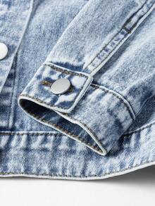 SHEIN Teen Girls' Casual Denim Jacket,Soft Cotton Loose Fit Blue Streetwear,Back-To-School Summer Holiday Fashion,Classic Light Washed Front Pockets Design - Medium Wash - View 5