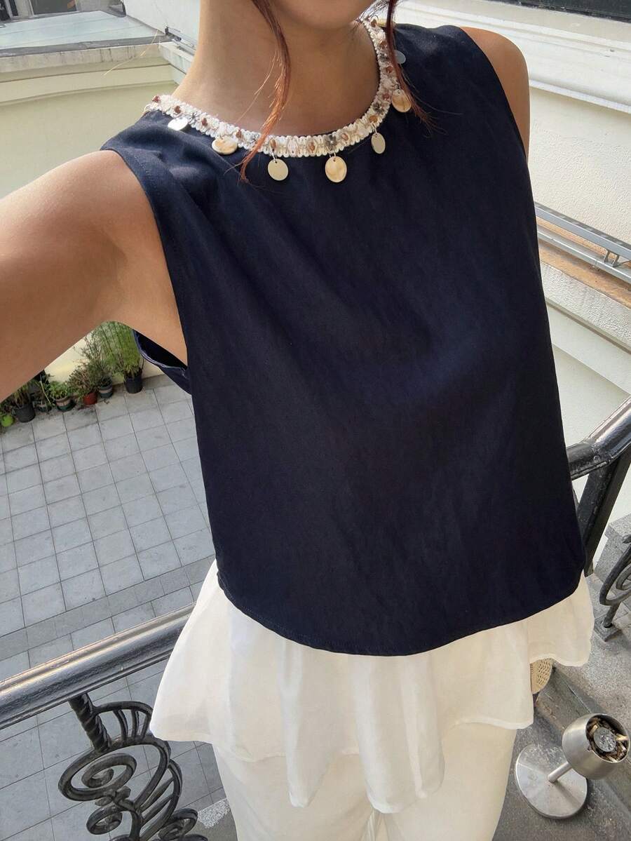Livesso Áo sơ mi denim không tay phối sequin, thích hợp cho kỳ nghỉ hè đi biển dành cho nữ. - Màu xanh lam - Xem 1