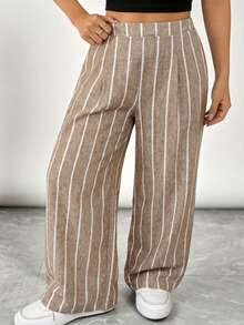 SHEIN LUNE Quần ống rộng kẻ sọc cỡ lớn kiểu dáng thường ngày - Màu Khaki - Xem 10