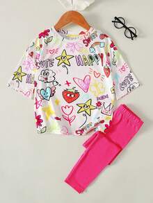 2pcs/Set Kids Girls Summer Back-To-School School Casual Cute Cartoon Star,Heart,Flower,Rainbow,Cherry,Happy Letter Print T-Shirt And Pants Set - Hot Pink - View 6