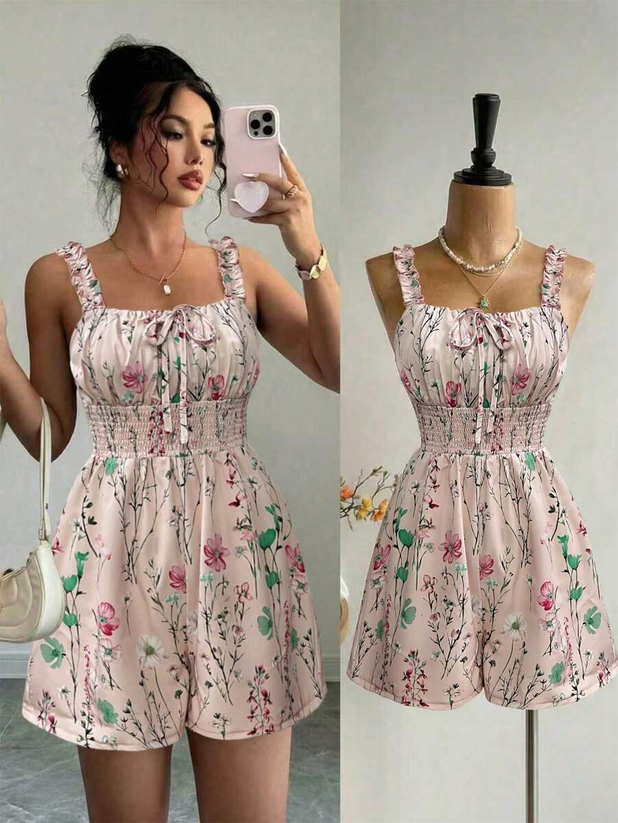 Elenzga Bộ jumpsuit nữ màu mơ nhạt, họa tiết nhiều màu, viền bèo nhún, dây mảnh, cổ vuông, thắt eo, thanh lịch và tinh tế, phù hợp cho Ngày Valentine, Lễ Phục Sinh, Ngày Lao động, Sinh nhật, Hẹn hò, Tiệc tùng, Các dịp trang trọng, trang phục giáo viên, du lịch, mùa xuân và mùa hè. - Hồng - Xem 1