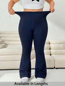 SHEIN Tall CURVE CURVE Plus Size Women's High Waist Flare Jeans With Pocket, Navy Blue Autumn Casual Loungewear, Tall Girls Wide-Leg Pants, Elegant Office Gym Sport - Navy Blue - View 7
