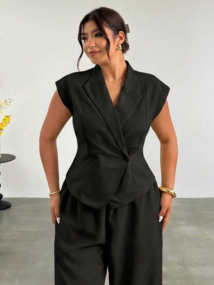 Firerie Plus Size Summer Casual Solid Color Double-Breasted Blazer - Black - View 1