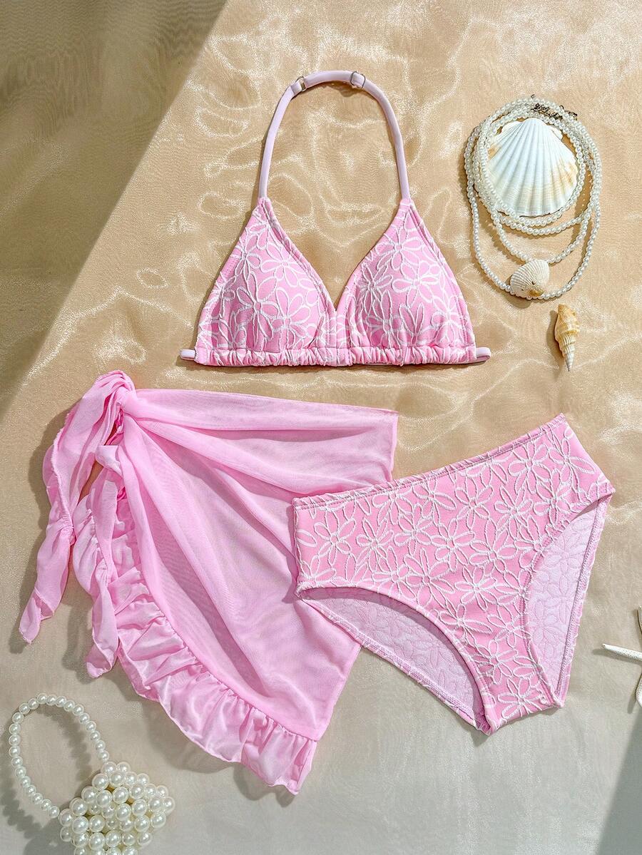 SHEIN 1件套少女花卉3D弹力舒适针织特殊面料泳装套装，适合海滩、泳池、海边、度假、夏季、旅行 - 粉色 - 查看 1