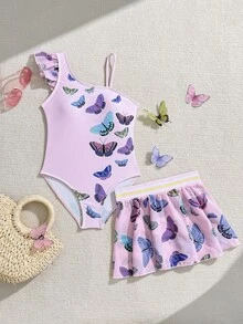 SHEIN Tween 女童度假蝴蝶印花不对称领口连体泳衣（含罩衫和迷你裙） - 彩色 - 查看 1