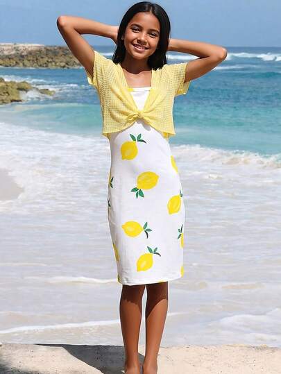 2pc Older Girls 2-Piece Outfit Casual & Sweet Style White Cami Dress With Allover Yellow Lemon Print A-Line Silhouette Above Knee Length Matching Yellow Knotted Short-Sleeve Cardigan Soft Fabric Waffle-Knit Texture V-Neck With Front Tie Lightweight And Comfortable Ideal For Spring & Summer Suitable For Daily Wear Picnic Beach Vacation Playdates And Casual Occasions Versatile And Fashionable Breathable-Like Woven Material Easy To Match Perfect For Young Girls Who Love Fresh And Cute