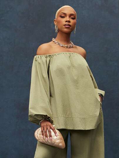 Vixey Solid Woven Off Shoulder Balloon Sleeve Oversized Top