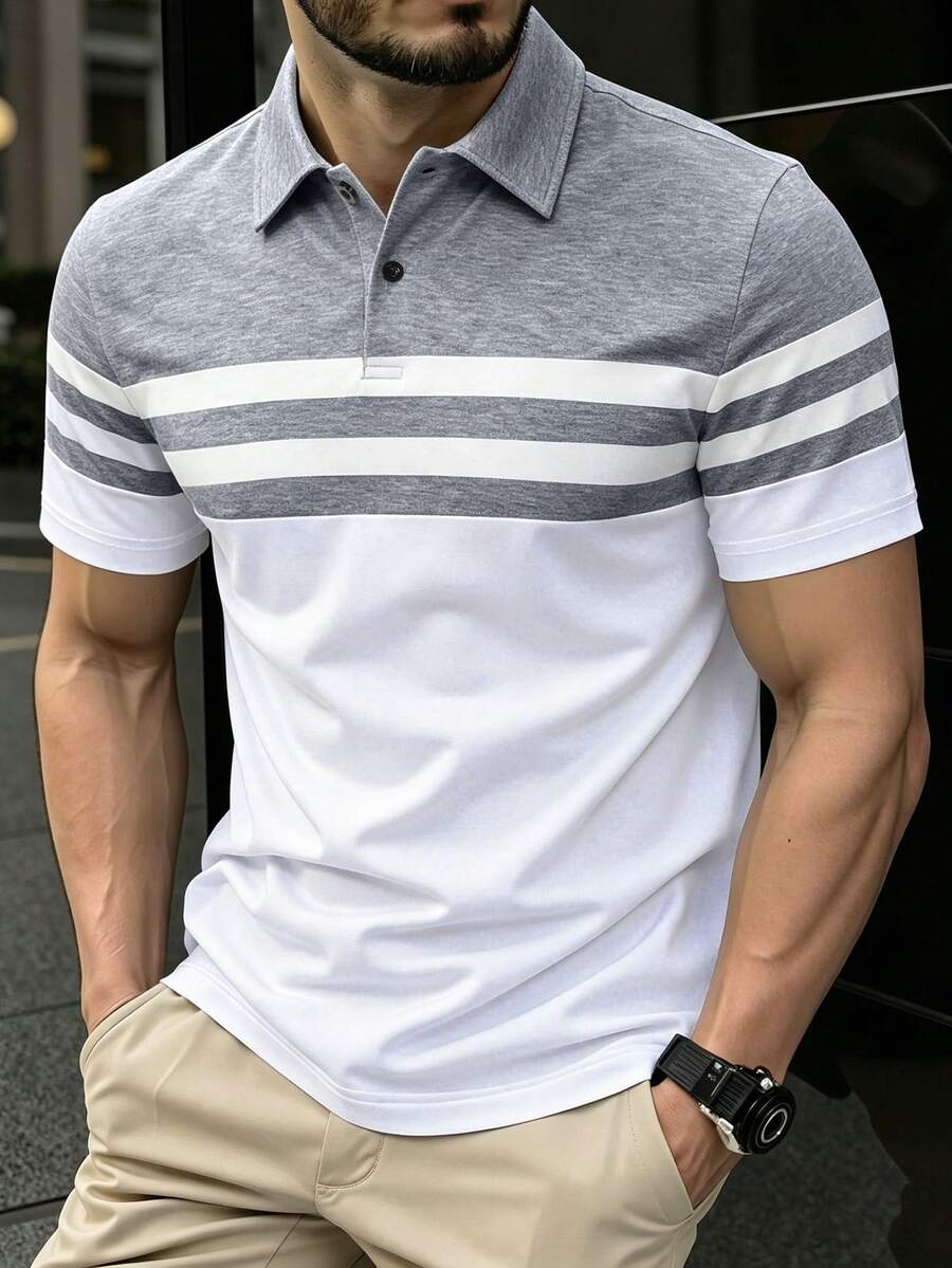Manfinity Homme 男士休闲日常撞色条纹短袖Polo衫，夏季 - 彩色 - 查看 1