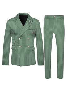 Manfinity Mode Bộ vest nam kẻ sọc hai hàng khuy gồm áo khoác và quần tây - màu xanh lá - Xem 4