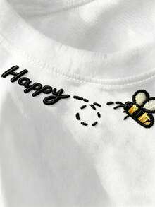 Manfinity Joysei 休闲“Bee Happy”可爱蜜蜂刺绣短袖圆领T恤，男女通用休闲T恤，情侣休闲上衣，男士图案T恤，女士图案T恤，休闲夏季上衣 - 白色 - 查看 3