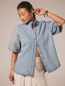 COSMINA Denim Áo sơ mi denim nữ dáng suông, cài cúc phía trước, vai rớt, kiểu dáng thường ngày, thích hợp cho mùa hè. - Màu xanh lam - Xem 4