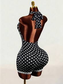 Mistrie Hàng mới về mùa xuân/hè: Bộ jumpsuit nữ kiểu dáng casual họa tiết chấm bi, cổ yếm, khoét eo gợi cảm. - màu đen - Xem 6