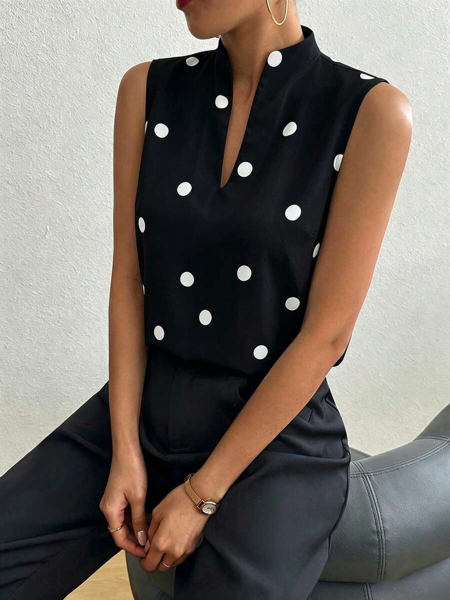 RosyDaze Notched Collar Sleeveless Polka Dot Summer Fashion Shirt - Black - View 1