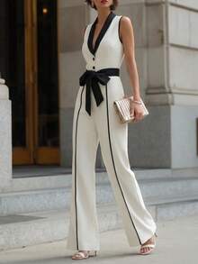 Elenzga Bộ jumpsuit palazzo không tay màu đen và mơ phối hợp, cạp chun, dành cho nữ, thích hợp cho mùa xuân/hè. - Màu be - Xem 5