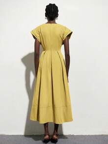 Aveloria Modichic Vestido con hombros acolchados, mangas cortas, cintura ceñida y pliegues, vestido largo en tonos beige para mujeres - Amarillo - Ver 2