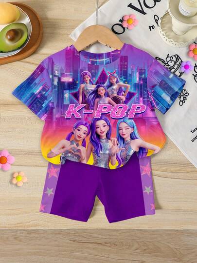 1 Set Young Girls' Casual K-POP Cartoon Girl Ombre Print Short Sleeve Crew Neck T-Shirt And Matching Shorts Set, Comfortable T-Shirt Outfit For Young Girls To Wear Casually, At Festivals, Cheerleading Events, Etc.