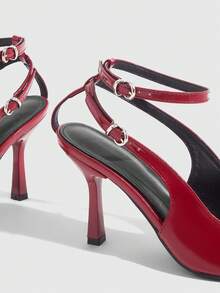 CUCCOO SZL Vintage Red Patent Leather Open Toe High Heel Double Ankle Strap Open-Toed High Heels Commuter Dating Banquet Women's Sandals - Red - View 10