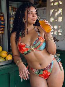 Slaydiva Plus Size Women's Printed 2pcs Halter Tie-Up Triangle Bikini Set, Vacation Beach Summer Sexy - Multicolor - View 4