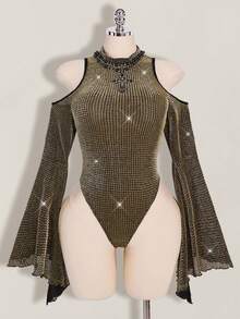 SHEIN ICON Plus Size Stand Collar Exaggerated Flare Sleeve Sheer Metallic Bodysuit, Suitable For Music Festivals And Parties - Gold - View 7