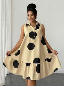 Maweii Vestido corto sin mangas holgado con cuello de camisa, estampado de lunares negros sobre base color albaricoque, para mujer de talla grande - Albaricoque - Ver 1