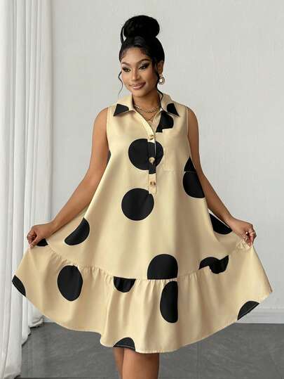 Maweii Plus Size Women's Summer Apricot Base Black Polka Dot Print Shirt Collar A-Line Loose Short Sleeveless Dress