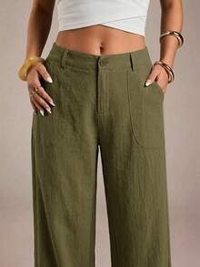 SHEIN PETITE CURVE Plus Size Casual Solid Color Loose Fit Pants - Army Green - View 2