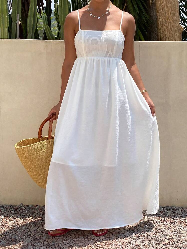 White Spaghetti Strap Backless Waist Cinched Dress For Women