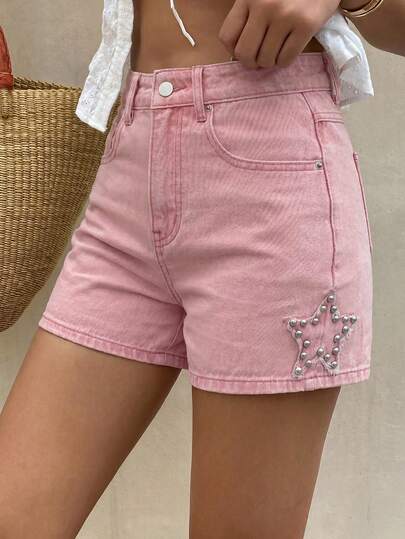 Livesso Falda vaquera vintage lavada en rosa con hebilla metálica, decoración con borlas en forma de estrella, para primavera y verano. Ideal para festivales de música, Día de San Valentín, uso casual y al aire libre.