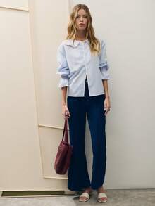 Nöista Striped Blouse With Floral Trim And Puff Sleeves For Summer Vacation And Casual Chic Looks. - Blue - View 5