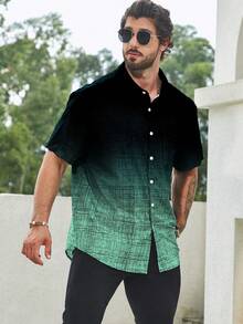 Manfinity Homme Plus Size Men's Casual Gradient Front Button Short Sleeve Shirt, Summer - Multicolor - View 3