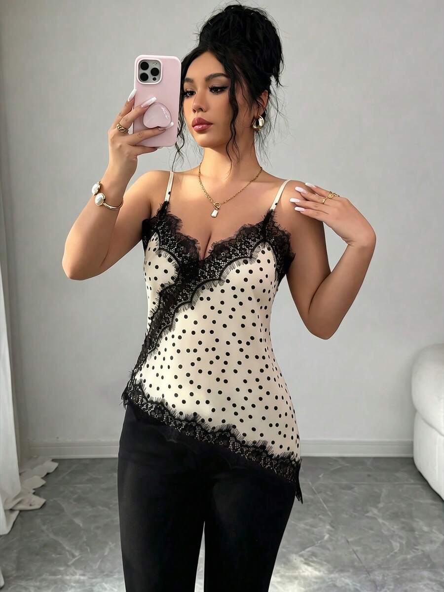 SHEIN Raffinéa 女士优雅度假休闲蕾丝拼接黑色底白色波点吊带背心 - 白色 - 查看 1