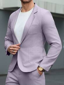 Manfinity Mode Men's Light Purple Lapel Collar Casual Suit Set, Spring/Summer Formal, Ceremony - Mauve Purple - View 6