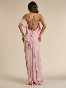 SHEIN BAE Elegantes Damen-Camisole-Kleid in Altrosa mit Rüschensaum, fließend, einfarbig, lang, stilvoll für Sommerhochzeit, Ninang, Abendparty und Urlaub - Pink - Übersicht 2