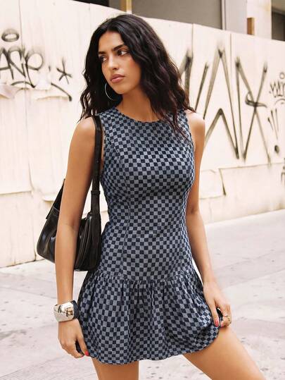Avantive Vestido vaquero sin mangas casual a cuadros para mujer, de verano