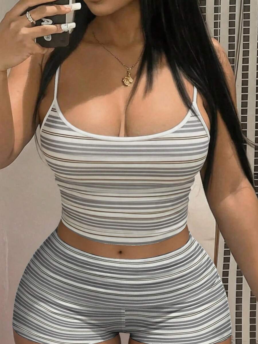 Slaydiva 女士休闲简约背心短裤两件套，初夏 - 彩色 - 查看 1