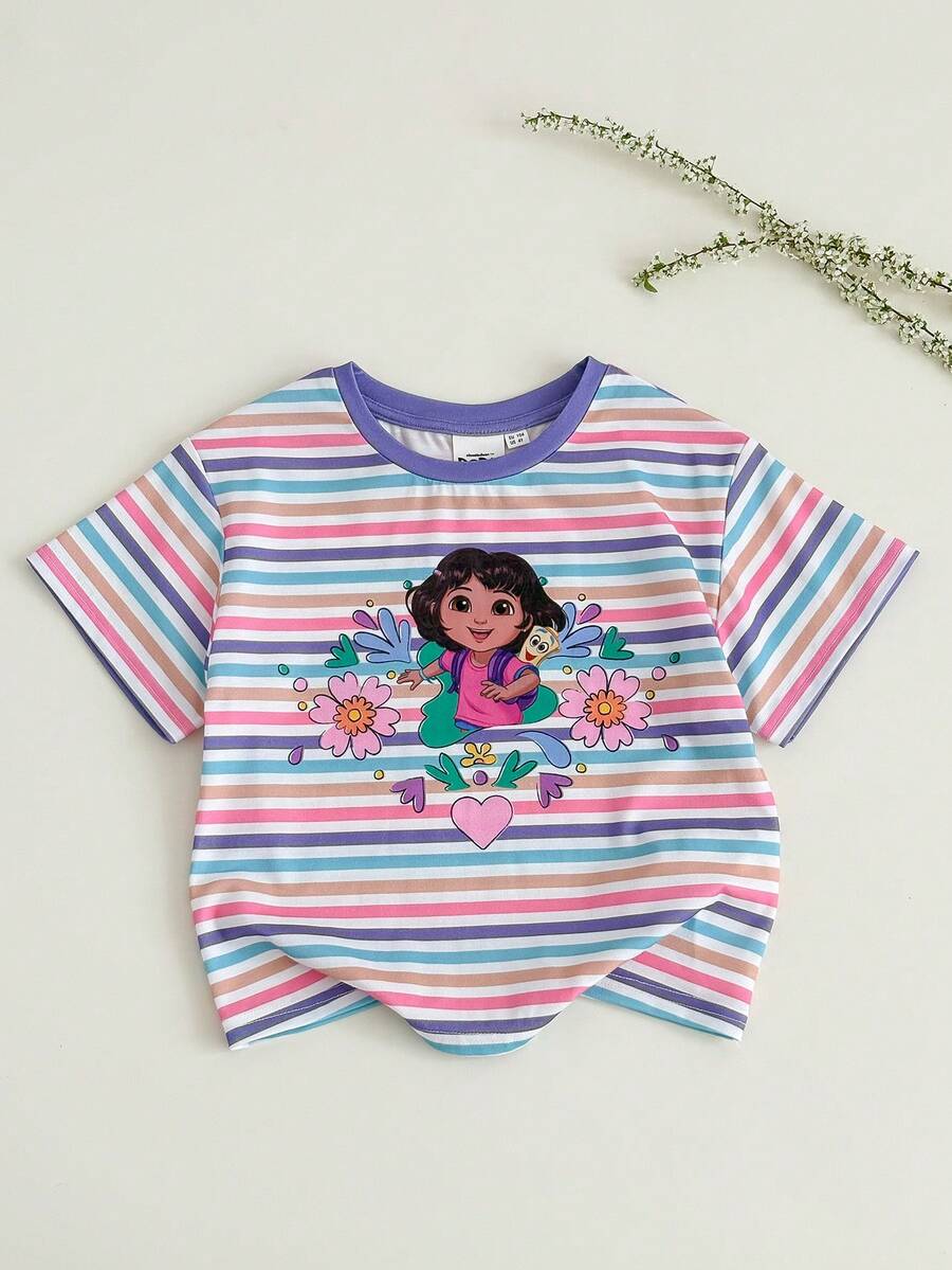 DORA | SHEIN 少女休闲甜美可爱日常通勤卡通花卉条纹印花短袖T恤,夏季 - 彩色 - 查看 1