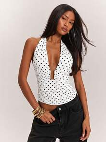 SHEIN BAE Áo hai dây cổ yếm xếp ly, khóa kim loại, in họa tiết chấm bi gợi cảm dành cho nữ. - trắng - Xem 4