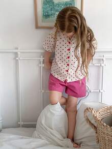 DAZY Young Girls Collar Short Sleeve Shirt Top + Casual Shorts Set, Pajamas - Baby Pink - View 2