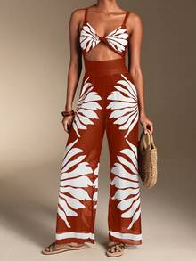 Swim Oasis Conjunto de traje de baño de una pieza con fruncido de patchwork y pantalones de pierna ancha para mujer, adecuado para vacaciones en la playa, fiesta en la piscina, fiesta en la - Burdeos - Ver 7