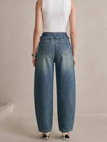 Anewsta Quần jeans nữ màu xanh denim bạc màu, kiểu dáng tối giản thời trang với viền bèo nhún, thích hợp cho mùa xuân/hè. - Rửa trung bình - Xem 2