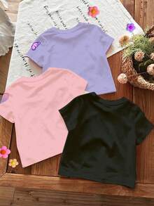 Set de 3 piezas de moda casual de verano para niñas jóvenes, con diseño creativo y personalizado, de estilo minimalista y fresco, con estampados de estrella de pentágono, letras y eslóganes, en una combinación de blusas de manga corta, cómoda para uso diario, estilo de verano, adecuado para niñas - Rosa - Ver 5