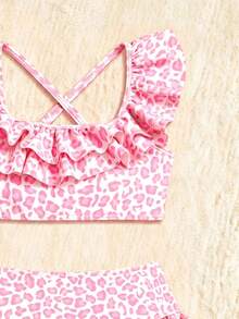 Baby Girls Pink And White Leopard Print Knit Swimsuit,Ruffle Edge 2 Piece Bikini Set With Back Cross Suspender,Summer Holiday Beachwear Bathing Suit - Pink - View 3